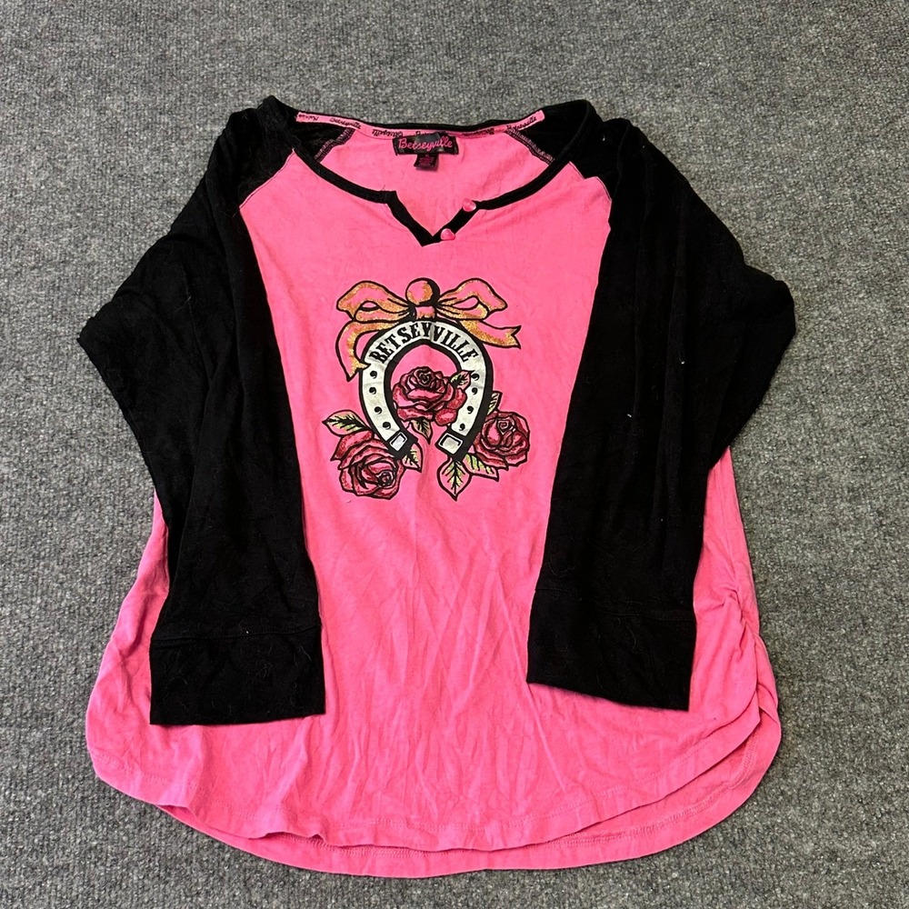 Betseyville Shirt Womens XL Pink Black Raglan Horseshoe Rose Graphic Long Sleeve